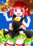  :d arms_up black_dress blue_background blush commentary_request copyright_request dress food food_themed_clothes food_themed_hair_ornament hair_ornament hamburger holding holding_plate kurihara_sakura looking_at_viewer open_mouth plate purple_eyes red_hair short_hair simple_background sleeveless sleeveless_dress smile solo striped striped_legwear thighhighs upper_teeth wrist_cuffs x_hair_ornament 