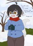  brown_eyes cabbit cat clothing cynxie_(artist) english_text eyewear feline glasses gloves hybrid lagomorph male mammal open_mouth outside pants public rabbit scarf snow solo text winter_jacket 