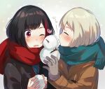  ^_^ aoba_moka aqua_scarf bang_dream! bangs black_coat black_hair blush bob_cut brown_coat closed_eyes coat gloves grey_gloves grey_hair heart long_sleeves mitake_ran multicolored_hair multiple_girls one_eye_closed puckered_lips red_hair red_scarf scarf short_hair snowball snowman streaked_hair unapoppo upper_body winter_clothes yuri 