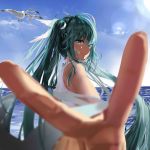  aqua_eyes aqua_hair bird blurry_foreground close-up commentary_request day dress hatsune_miku hbb headphones long_hair looking_at_viewer ocean seagull shaded_face sky sleeveless sleeveless_dress solo sundress twintails v very_long_hair vocaloid white_dress 
