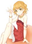  1girl blonde_hair bracelet dress jewelry legs legs_crossed necklace red_dress simple_background sitting smile solo strap_slip the_girl_in_the_dress to_aru_majutsu_no_index yellow_eyes 