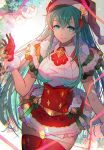  1girl blue_eyes blue_hair christmas eirika fire_emblem fire_emblem:_seima_no_kouseki fire_emblem_heroes gloves highres ice kariya_(mizore) long_hair looking_at_viewer nintendo skirt smile solo thighhighs zettai_ryouiki 