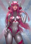  abigail_diaz aqua_eyes breasts character_name contrapposto covered_navel cowboy_shot darling_in_the_franxx eyeshadow hairband hand_in_hair hand_on_hip highres horns licking_lips long_hair looking_at_viewer makeup parted_lips pilot_suit pink_hair realistic skin_tight solo standing straight_hair tongue tongue_out white_hairband zero_two_(darling_in_the_franxx) 