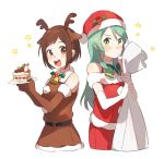  :d animal_costume antlers aqua_hair bang_dream! bangs bell belt blush bob_cut bow bowtie brown_eyes brown_gloves brown_hair brown_shirt brown_skirt cake christmas elbow_gloves fake_antlers food fur_trim gloves green_eyes green_neckwear hat hazawa_tsugumi hikawa_sayo holding holding_plate holly long_hair multiple_girls open_mouth plate pom_pom_(clothes) red_hat red_shirt reindeer_antlers reindeer_costume round_teeth sack santa_costume santa_hat shirt short_hair simple_background skirt slice_of_cake smile star sweatdrop teeth unapoppo upper_teeth white_background white_gloves 