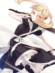  apron blonde_hair closed_mouth dual_wielding expressionless frills holding kimura_(ykimu) long_hair looking_at_viewer maid maid_apron maid_headdress original red_eyes solo sword thighhighs twintails weapon white_background 