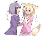  aimitsu_(ibityuttyu) animal_ears black_hair blonde_hair blush bow bowtie common_raccoon_(kemono_friends) elbow_gloves embarrassed eyebrows_visible_through_hair fang fennec_(kemono_friends) fox_ears fox_tail fur_collar fur_trim gloves grey_hair holding_hands kemono_friends multicolored_hair multiple_girls nose_blush open_mouth pleated_skirt puffy_short_sleeves puffy_sleeves raccoon_ears short_hair short_sleeves skirt sweatdrop tail translation_request wavy_mouth yuri 