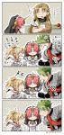  2girls 4koma :&lt; :d :t achilles_(fate) armor asaya_minoru bare_shoulders blonde_hair braid breastplate brown_hair chiron_(fate) closed_mouth comic commentary detached_sleeves dress eating facing_viewer fate/apocrypha fate/grand_order fate_(series) food frankenstein's_monster_(fate) green_hair hair_over_eyes holding holding_food horns long_hair mordred_(fate) mordred_(fate)_(all) multiple_boys multiple_girls open_mouth pink_hair ponytail profile sandwich sharp_teeth sleeveless sleeveless_dress smile speed_lines sweat teeth translated veil very_long_hair wavy_mouth white_dress |_| 