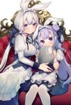  ahoge animal_ears apron azur_lane black_ribbon black_skirt blue_eyes blush breasts bunny_ears closed_mouth commentary_request couch covered_mouth fingernails frilled_apron frills hair_bun hair_ribbon head_tilt holding holding_tray illustrious_(azur_lane) juliet_sleeves long_hair long_sleeves maid_headdress medium_breasts multiple_girls one_side_up pantyhose puffy_short_sleeves puffy_sleeves purple_eyes purple_hair ribbon shirako_sei shirt short_sleeves side_bun silver_hair sitting skirt smile tray unicorn_(azur_lane) very_long_hair waist_apron white_apron white_background white_legwear white_shirt wrist_cuffs 