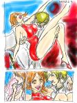  1boy 2girls angry bare_shoulders black_dress blonde_hair charlotte_pudding cleavage dress huge_breasts large_breasts long_hair lowres multiple_girls nami_(one_piece) one_piece sanji smile 