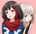  &gt;:) aoba_moka bang_dream! bangs black_hair blue_eyes blue_shirt bob_cut drawstring food grey_hair hood hood_down hoodie mitake_ran mouth_hold multicolored_hair multiple_girls notice_lines nyanmaru_(ememing) pink_background pocky purple_eyes red_hair red_scarf scarf shirt short_hair signature simple_background streaked_hair upper_body v-shaped_eyebrows 