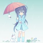  black_hair boots bunny flower frog hyou_(pixiv3677917) male_focus namazuo_toushirou ponytail purple_eyes rain raincoat rubber_boots shorts smile teruterubouzu touken_ranbu umbrella 