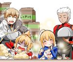  apron archer artoria_pendragon_(all) aunt_and_nephew blonde_hair blush brother_and_sister cape commentary crying dark_skin dessert eating fang fate/grand_order fate_(series) food fruit gawain_(fate/extra) gawain_(fate/grand_order) happy highres kanno_takanori mashed_potatoes mordred_(fate) mordred_(fate)_(all) mother_and_daughter multiple_boys multiple_girls omelet ponytail potato saber siblings sparkle spoon strawberry translated white_hair 