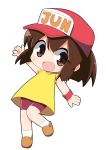  :d bakusou_kyoudai_let's_&amp;_go!! bangs bare_arms bare_shoulders baseball_cap bike_shorts blush brown_eyes brown_footwear brown_hair chibi commentary_request dress eyebrows_visible_through_hair full_body hair_between_eyes hat leaning_to_the_side long_hair looking_at_viewer open_mouth osaragi_mitama purple_shorts red_hat sagami_jun shoes short_shorts shorts simple_background sleeveless sleeveless_dress smile socks solo standing standing_on_one_leg white_background white_legwear yellow_dress 