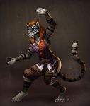  2018 5_fingers anthro blue_eyes brown_hair clothed clothing digital_media_(artwork) digitigrade feline female fur grey_fur hair mammal simple_background solo tasanko tiger 