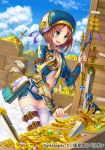  :d arm_belt belt blue_eyes blue_sky blush box bracer brown_hair cloud coin crate day dutch_angle feathers gem glint gold_bar hat index_finger_raised knife marco_polo_(rebellion) medium_hair official_art open_mouth original otosume_ruiko outdoors planted_weapon pouch puffy_sleeves scepter short_shorts shorts sky smile sparkle statue sword thigh_strap treasure weapon white_legwear 