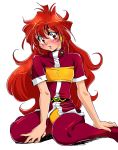  1girl artist_request female kneeling lina_inverse long_hair looking_at_viewer orange_hair red_eyes simple_background sitting slayers solo sorcerer white_background 