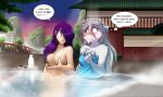  2018 anthro bathing blue_eyes blush breasts canine casual_nudity chest_tuft clothed clothing convenient_censorship detailed_background dialogue duo english_text female fur grey_hair hair hair_over_eye hi_res hot_spring human keidran mammal maren_taverndatter nervous nude outside partially_submerged purple_hair raine_(twokinds) speech_bubble steam sweat text thought_bubble tom_fischbach topless towel tuft twokinds water webcomic wet white_fur wolf 