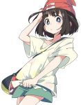  :/ arm_up bag bangs bare_arms beanie black_hair blue_eyes blush bob_cut bright_pupils closed_mouth collarbone cowboy_shot eyebrows eyebrows_visible_through_hair eyelashes flat_chest floral_print green_shorts hand_on_headwear handbag hat ixy looking_at_viewer mizuki_(pokemon) poke_ball_theme pokemon pokemon_(game) pokemon_sm red_hat shirt shirt_tug short_hair short_sleeves shorts simple_background solo tied_shirt white_background white_pupils yellow_shirt 