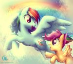  2014 blue_feathers blue_fur cub cute duo equine feathered_wings feathers female feral friendship_is_magic fur hair mammal multicolored_hair my_little_pony pegasus pshyzo rainbow_dash_(mlp) rainbow_hair scootaloo_(mlp) wings young 