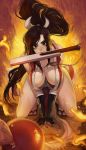  2018 all_fours artist_name black_gloves breasts brown_eyes brown_hair cleavage commentary dated downblouse embers eyebrows fan fatal_fury fingerless_gloves fingernails fire floating_hair folding_fan full_body gloves hanging_breasts hector_enrique_sevilla_lujan highres large_breasts lipstick long_fingernails long_hair looking_at_viewer makeup mascara mole mole_on_breast mouth_hold nail_polish pelvic_curtain ponytail red_nails sandals shiranui_mai sleeveless smile solo tabi the_king_of_fighters thighs 