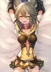  animal_ears arms_up bangs belt blush breasts cleavage collar commentary_request erune fang granblue_fantasy grey_hair hair_between_eyes looking_at_viewer lying medium_breasts medium_hair miniskirt narusegawa_riko on_back open_mouth orange_eyes sen_(granblue_fantasy) skirt solo 