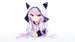  akino_sora animal_ears animal_hood azuma_lim azuma_lim_channel bangs blush cat_ears cat_hood closed_mouth collarbone commentary_request eyebrows_visible_through_hair fingernails fingers_together hair_between_eyes hood hood_up hoodie long_hair long_sleeves looking_at_viewer lying on_stomach purple_hair red_eyes silver_hair solo very_long_hair virtual_youtuber white_background white_hoodie 
