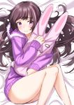  ass bad_id bad_pixiv_id bed_sheet blush brown_hair closed_mouth commentary_request feet_out_of_frame fur-trimmed_hood fur_trim highres hood hood_down hoodie long_hair long_sleeves looking_at_viewer lying no_pants object_hug on_back original purple_eyes purple_hoodie sleeves_past_wrists solo stuffed_animal stuffed_bunny stuffed_toy tears tsukiman very_long_hair 