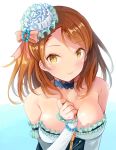  bare_shoulders blush breasts brown_eyes brown_hair commentary_request detached_sleeves eyebrows_visible_through_hair flower hair_flower hair_ornament heri houjou_karen idolmaster idolmaster_cinderella_girls idolmaster_cinderella_girls_starlight_stage long_hair looking_at_viewer medium_breasts smile solo upper_body 