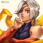  ana_(overwatch) bare_shoulders braid breasts brown_eyes cosplay dark_skin detached_sleeves eye_of_horus eyeshadow facial_tattoo finger_to_mouth grey_hair hagoromo leotard_under_clothes long_hair looking_at_viewer makeup medium_breasts moize_opel old_woman one-eyed overwatch rose_(street_fighter) rose_(street_fighter)_(cosplay) shawl shushing single_braid solo strapless street_fighter tattoo turtleneck twitter_username 