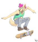  anthro brown_shoes canine clothed clothing doopcity ear_piercing facial_piercing footwear fully_clothed green_shirt hair jeans mammal nose_piercing open_mouth pants piercing pink_hair shirt shoes skateboard skateboarding solo tank_top teeth tongue tongue_piercing 