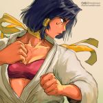  black_hair bra breasts brown_eyes choker cleavage clenched_hands collarbone cosplay dark_skin dougi eye_of_horus facial_tattoo fighting_stance from_side hair_tubes looking_to_the_side makoto_(street_fighter) makoto_(street_fighter)_(cosplay) moize_opel overwatch pharah_(overwatch) red_bra ribbon_choker short_hair solo strapless strapless_bra street_fighter street_fighter_iii_(series) tattoo twitter_username underwear 