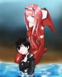  1boy 1girl black_bodysuit black_gloves black_hair bodysuit breasts couple darling_in_the_franxx eyebrows_visible_through_hair eyes_closed gloves green_eyes hair_ornament hairband hand_on_another&#039;s_arm hand_on_another&#039;s_head hiro_(darling_in_the_franxx) horns long_hair looking_at_another lying_on_lap lying_on_person oni_horns pilot_suit pink_hair red_bodysuit red_horns short_hair signature silenxe white_hairband zero_two_(darling_in_the_franxx) 