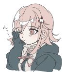  bangs blush closed_mouth danganronpa eyebrows eyebrows_visible_through_hair fingernails flat_color hair_between_eyes hair_ornament hand_up home_(houmei) long_sleeves looking_away nanami_chiaki one_eye_closed pink_eyes pink_hair pink_ribbon ribbon short_hair simple_background sketch sleeves_past_wrists solo super_danganronpa_2 tears upper_body white_background 