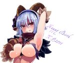  :p alternate_color alternate_hair_length alternate_hairstyle animal_ears arm_behind_back armpits baphomet_(monster_girl_encyclopedia) between_breasts blue_hair blush breasts commentary_request dated english goat_ears goat_horns hair_between_eyes hair_ornament hairband hand_up happy_birthday horns large_breasts looking_at_viewer monster_girl monster_girl_encyclopedia paws pink_eyes short_hair simple_background solo succubus_wilmarina tongue tongue_out upper_body white_background wilmarina_noscrim yu_(yoki) 