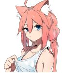  :/ ahoge animal_ear_fluff animal_ears blue_eyes cat_ears closed_mouth esu_(transc) hair_between_eyes hair_bobbles hair_ornament hinata_channel long_hair nekomiya_hinata pink_hair tank_top upper_body vest virtual_youtuber white_background white_tank_top 