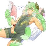  after_masturbation animal_ears bodysuit censored colored_pubic_hair covered_nipples cum cum_on_body cum_on_upper_body dark_skin dark_skinned_male erection fur gajel_(last_period) green_hair highres horns joshitsu_(zion16wh) last_period lying male_focus male_masturbation male_pubic_hair masturbation on_back one_eye_closed penis pillow pornography pubic_hair simple_background skin_tight slit_pupils solo tissue tissue_box white_background yellow_eyes 
