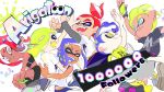  3girls ^_^ blonde_hair blue_eyes blue_hair closed_eyes commentary_request dark_skin grey_eyes high_five highres hug inkling inoue_seita long_sleeves midriff miniskirt mohawk multiple_boys multiple_girls octarian octoling official_art red_hair shirt short_hair shorts simple_background skirt splatoon_(series) splatoon_2 t-shirt tan tentacle_hair thank_you topknot white_background white_shirt yellow_eyes 