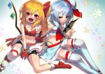  :d alternate_costume ascot bare_arms bare_shoulders bat_wings bike_shorts black_shorts blonde_hair blue_background blue_hair blue_skirt bow commentary_request crop_top crystal eyebrows_visible_through_hair feet_out_of_frame flandre_scarlet glove_bow gloves gradient gradient_background hair_between_eyes hair_bow hat hat_ribbon leg_garter looking_at_viewer midriff mini_hat miniskirt multiple_girls no_hat no_headwear open_mouth red_bow red_eyes red_footwear red_gloves red_neckwear red_ribbon remilia_scarlet ribbon shoes short_shorts shorts siblings side_ponytail single_thighhigh sisters sitting skirt smile stomach sukocchi thighhighs touhou v white_background white_hat white_legwear white_skirt wings yellow_bow zettai_ryouiki 