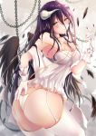  albedo ass black_hair black_wings blush breasts chain cleavage commentary_request demon_girl demon_horns demon_wings detached_collar dress feathered_wings feathers frills garter_straps gloves hair_between_eyes hand_on_ass highres horns jewelry large_breasts looking_back low_wings necklace nue_(pixiv10581898) overlord_(maruyama) slit_pupils thighhighs thong white_dress white_gloves wings yellow_eyes 