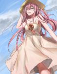  absurdres aqua_eyes bare_shoulders bow commentary_request darling_in_the_franxx day dress hair_between_eyes hand_on_headwear hat highres horns liudaohai6001 long_hair orange_bow pink_hair red_horns sky smile solo strapless strapless_dress zero_two_(darling_in_the_franxx) 