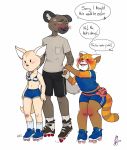  anthro blush canine chibi clothed clothing courtneylej dialogue english_text female fennec fenneko fox group haida hyena inline_skates larger_male male mammal red_panda retsuko size_difference smile standing text 