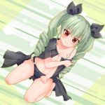  anchovy ass_visible_through_thighs bangs barefoot black_cape black_panties black_ribbon bow bow_panties breasts cape cleavage closed_mouth commentary diagonal-striped_background diagonal_stripes drill_hair dutch_angle eyebrows_visible_through_hair frown full_body girls_und_panzer green_background green_hair hair_ribbon kneeling lace lace-trimmed_panties long_hair looking_at_viewer medium_breasts navel off_shoulder panties red_eyes ribbon solo striped striped_background topless twin_drills twintails underwear yunagi_(arukumaruta) 