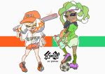  ball baseball baseball_cap baseball_uniform bottle carrying_over_shoulder cephalopod_eyes cleats commentary dark_skin diffraction_spikes eyebrows green_eyes green_hair hat highres hime_(splatoon) iida_(splatoon) inoue_seita logo long_hair looking_at_viewer looking_back multiple_girls official_art orange_hat short_hair shorts soccer_ball soccer_uniform splatoon_(series) splatoon_2 sportswear sweat tentacle_hair towel towel_around_neck water_bottle white_hair white_shorts wiping_face yellow_eyes 