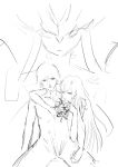  1boy 1girl couple darling_in_the_franxx greyscale hand_on_another&#039;s_chest hiro_(darling_in_the_franxx) hug_from_behind kinokuniyamaru long_hair monochrome nude oni_horns red_horns short_hair strelizia zero_two_(darling_in_the_franxx) 