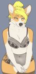  anthro blonde_hair bra breasts canine clothed clothing corgi dog female fur hair lingerie looking_at_viewer mammal missy_(artist) smile solo underwear wide_hips 