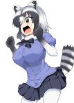  alternate_breast_size animal_ears bad_id bad_twitter_id black_hair bow bowtie breasts clenched_hands commentary common_raccoon_(kemono_friends) cowboy_shot elbow_gloves eyebrows_visible_through_hair fur_collar gloves grey_hair kemono_friends large_breasts multicolored_hair open_mouth pantyhose pleated_skirt puffy_short_sleeves puffy_sleeves raccoon_ears raccoon_tail short_hair short_sleeves skirt solo tail tail_raised take_(shokumu-taiman) 