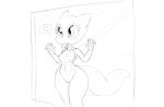  &lt;3 anthro bit-small breasts female glass kobold monochrome navel on_glass pussy slit_pupils small_breasts solo speech_bubble tongue tongue_out 