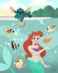  2016 4_fingers 4_toes alien ariel_(disney) black_eyes blue_claws blue_fur blue_nose blue_pawpads blush bubble claws crossover disney experiment_(species) female feral fish food fur green_scales hair head_tuft holding_food holding_object lilo_and_stitch long_hair looking_up marine merfolk notched_ear orange_body pawpads pudge_the_fish red_hair sandwich_(food) scales seashell_bra signature small_tail smile stefilacyillustration stitch surfboard the_little_mermaid toes tuft underwater water 