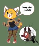  2018 aggressive_retsuko anthro blush bracelet clothing dragonfoxgirl english_text female fishnet fishnet_legwear haida happy hyena jewelry knock_kneed legwear male mammal one_eye_closed red_panda retsuko sanrio signature simple_background sneakers speech_bubble spotted_hyena stockings text tongue tongue_out 