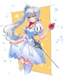  adapted_costume apple bow commentary dress earrings food fruit highres iesupa jewelry long_hair myrtenaster necklace ponytail rapier rwby scar scar_across_eye side_ponytail snow_white_and_the_seven_dwarfs solo sword thighhighs weapon weiss_schnee white_dress white_hair 